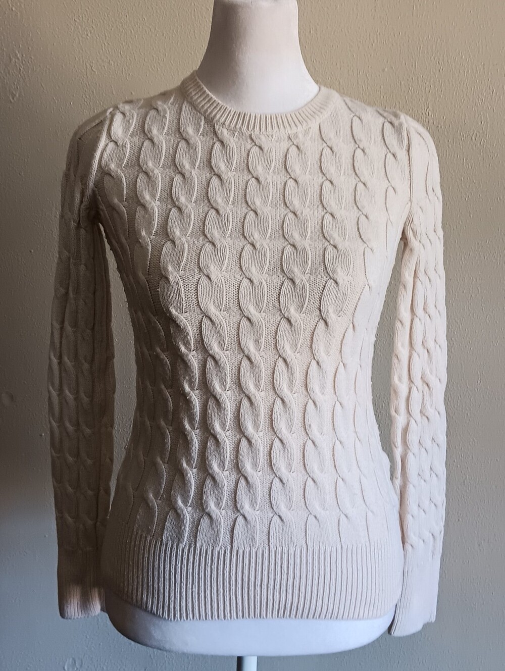 Gap Preppy Cream Cable Knit Crewneck Sweater XS Academia Long Sleeve 10% Angora